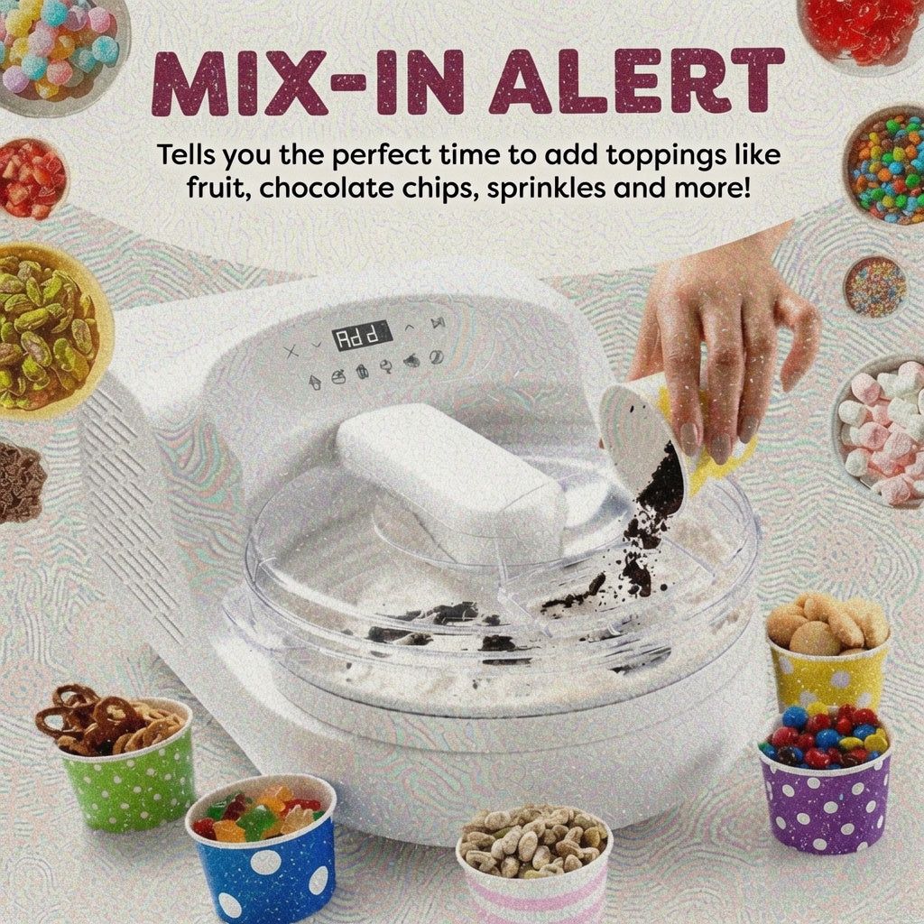 Ready in just minutes! Built-in compressor, no pre-freezing required. Enjoy rich, creamy frozen treats on demand.