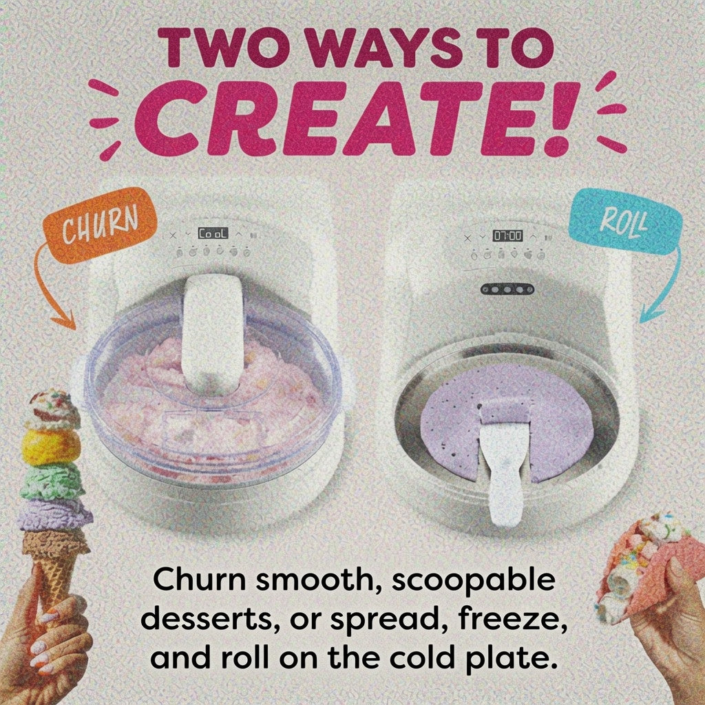 Ready in just minutes! Built-in compressor, no pre-freezing required. Enjoy rich, creamy frozen treats on demand.